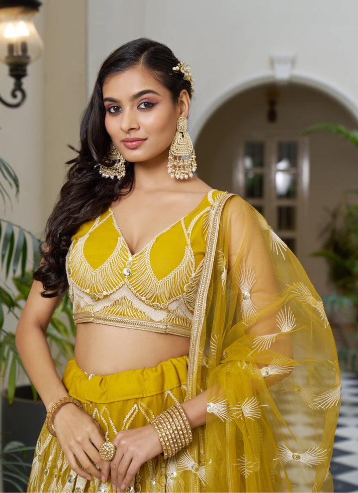 Lassya Fashion Mustard Yellow Elegant Engagement Lehenga with Embroidery