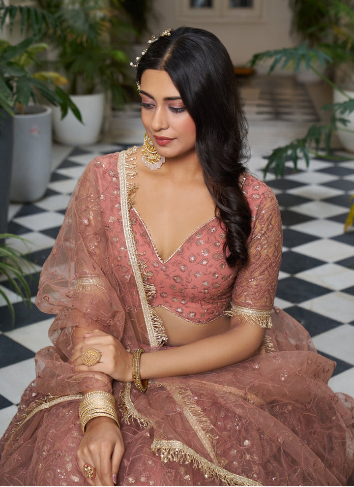 Lassya Fashion Rust Pink Elegant Engagement Lehenga with Embroidery