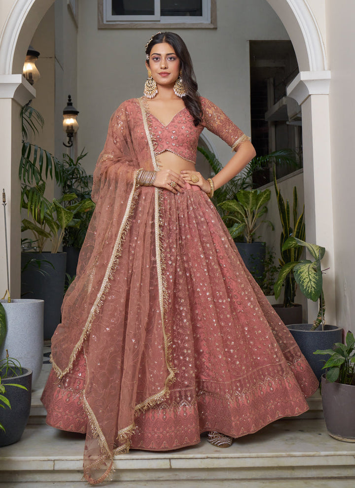 Lassya Fashion Rust Pink Elegant Engagement Lehenga with Embroidery