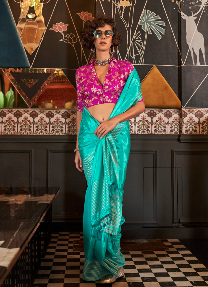 Lassya Fashion Teal Blue Pure Viscose Handloom Party Wear Saree