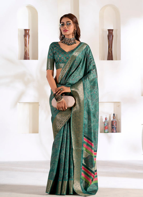 Lassya Fashion Pine Green Soft Dola Silk Saree with Foil Print