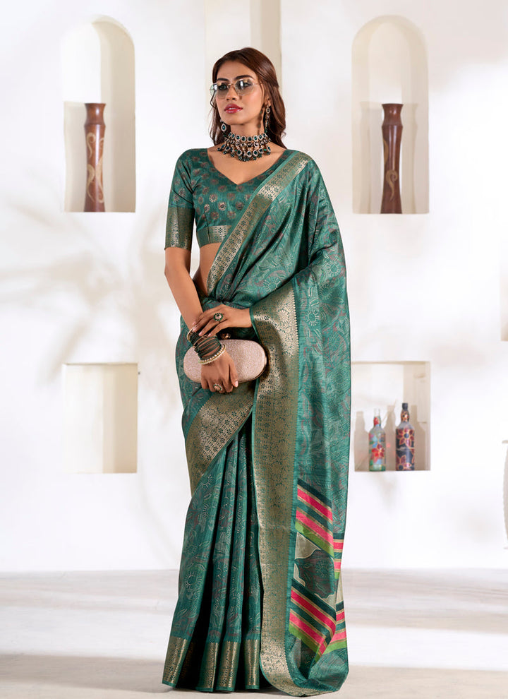 Lassya Fashion Pine Green Soft Dola Silk Saree with Foil Print