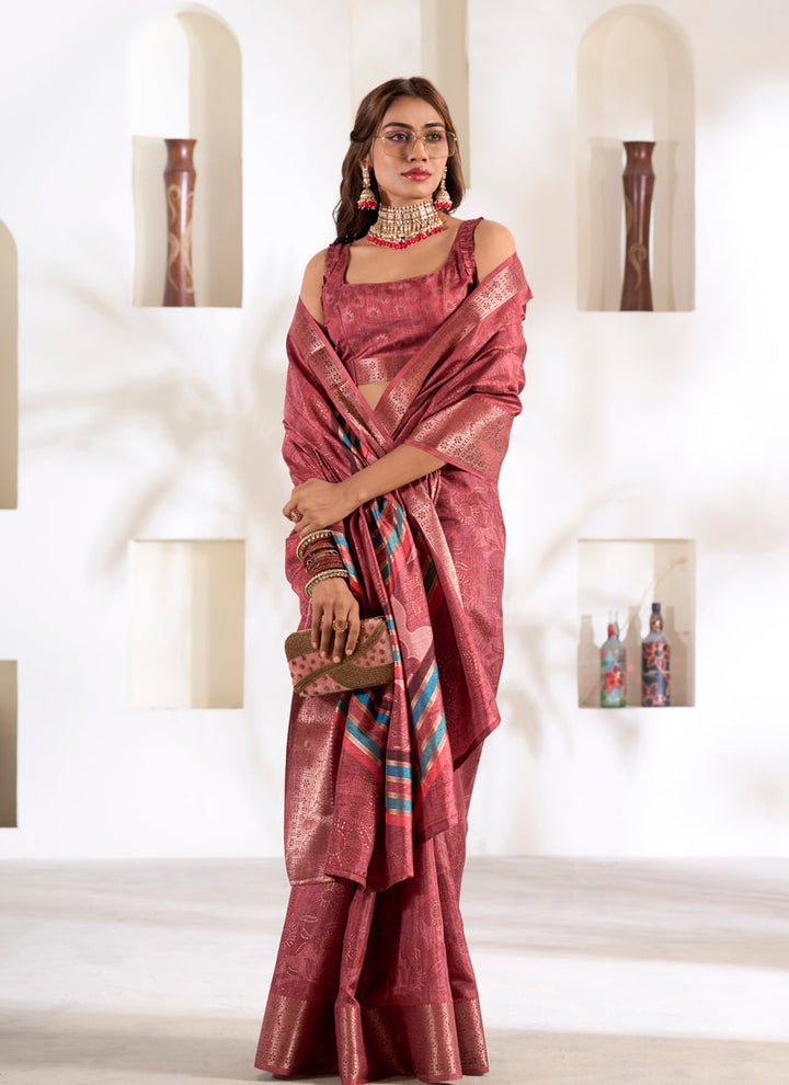 Lassya Fashion Copper Red Soft Dola Silk Saree with Foil Print