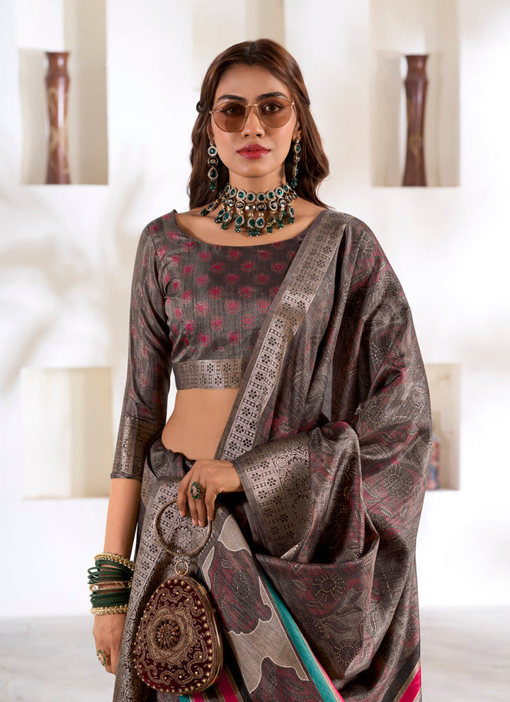 Lassya Fashion Dark Grey Soft Dola Silk Saree with Foil Print