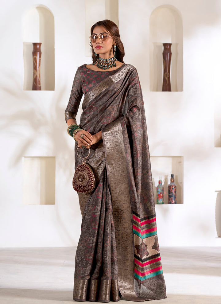 Lassya Fashion Dark Grey Soft Dola Silk Saree with Foil Print