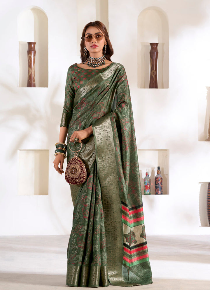 Lassya Fashion Olive Green Soft Dola Silk Saree with Foil Print