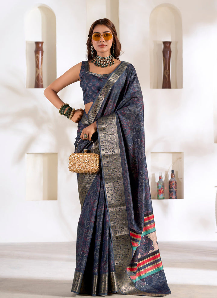 Lassya Fashion Navy Blue Soft Dola Silk Saree with Foil Print