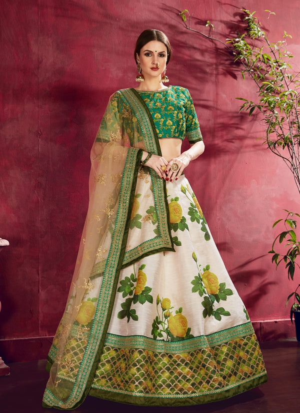 Lassya Fahion Cream-Green Exquisite Floral Embroidered Designer Lehenga