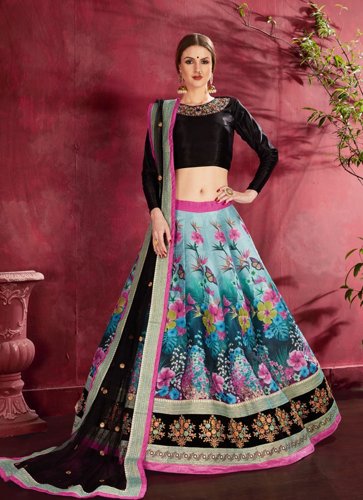 Lassya Fahion Black-Blue Exquisite Floral Embroidered Designer Lehenga