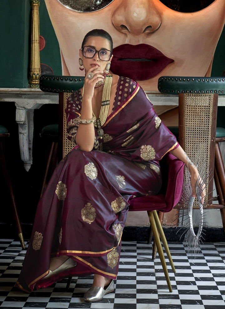 Lassya Fahion  Purple Wine Pure Satin Handloom Weaving Silk Saree