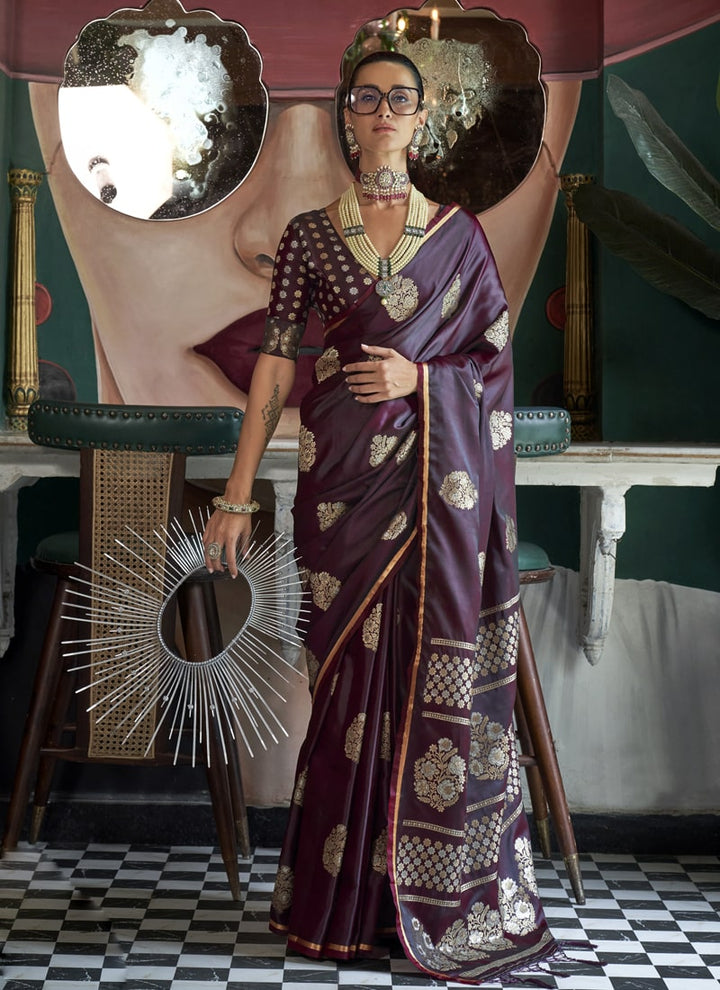 Lassya Fahion  Purple Wine Pure Satin Handloom Weaving Silk Saree