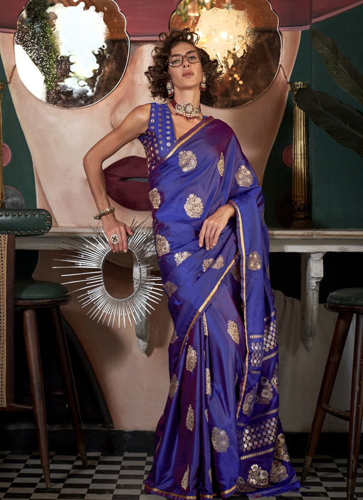 Lassya Fahion  Indigo Blue Pure Satin Handloom Weaving Silk Saree