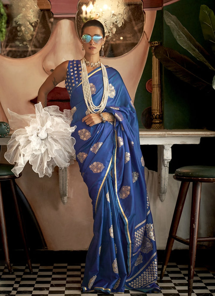 Lassya Fahion  Midnight Blue Pure Satin Handloom Weaving Silk Saree