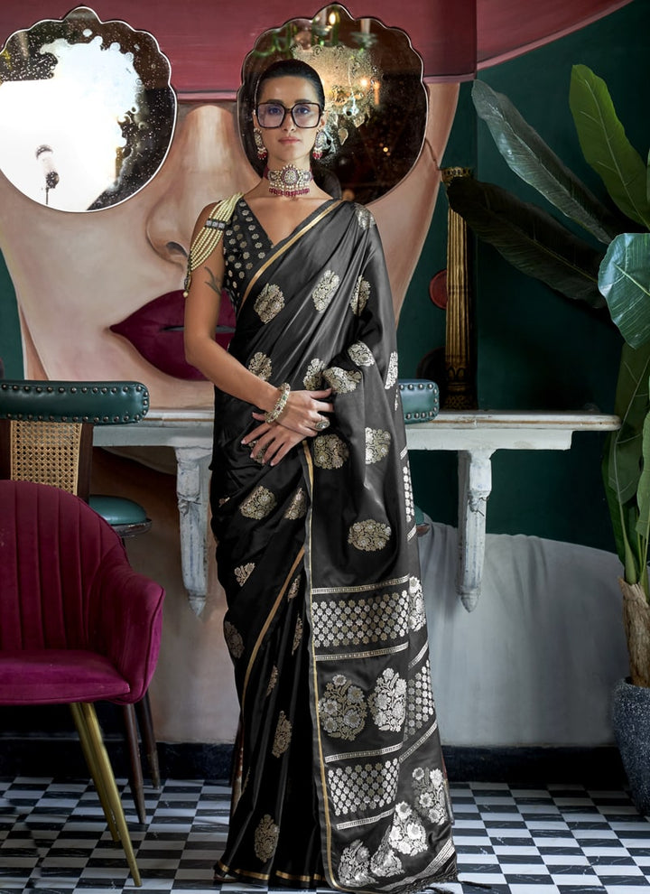 Lassya Fahion  Black Pure Satin Handloom Weaving Silk Saree