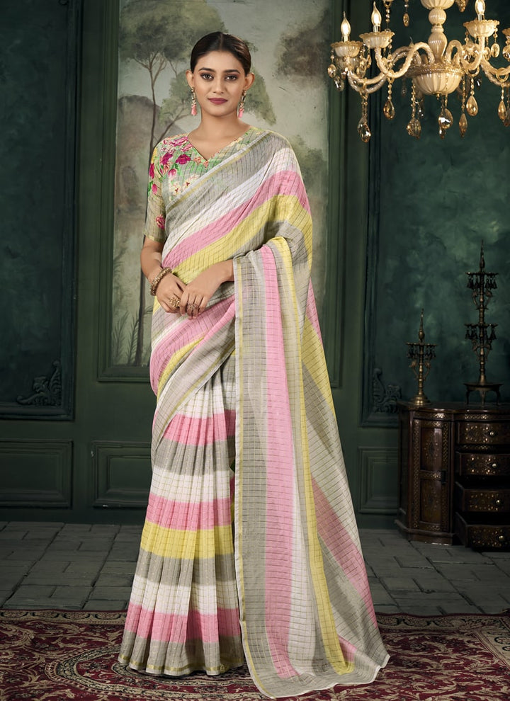 Lassya Fahion  Grey-Pink Party Wear Saree with Golden Border and Colorful Stripes