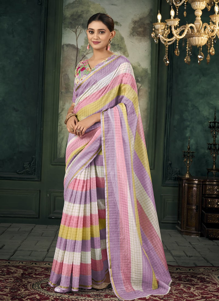 Lassya Fahion  Lavender-Pink Party Wear Saree with Golden Border and Colorful Stripes