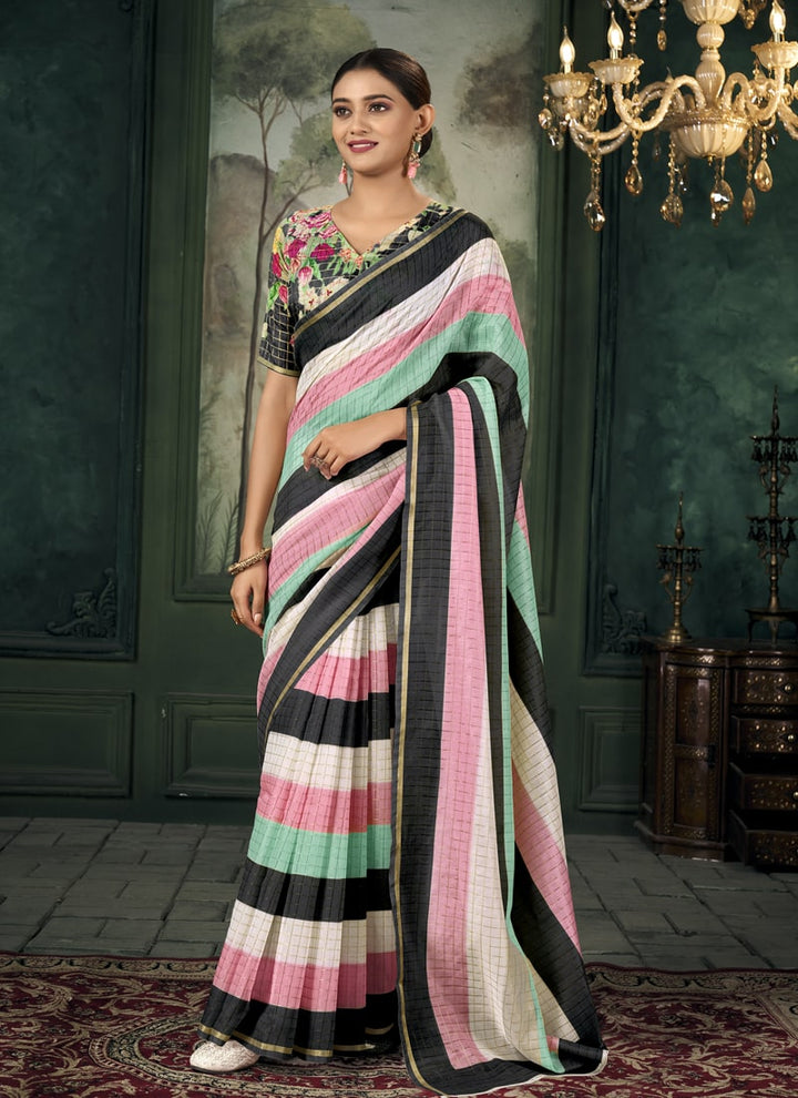 Lassya Fahion  Black-Pink Party Wear Saree with Golden Border and Colorful Stripes