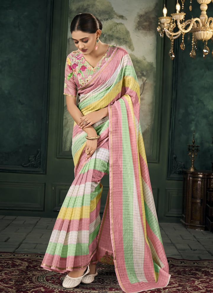 Lassya Fahion  Pink-Green Party Wear Saree with Golden Border and Colorful Stripes