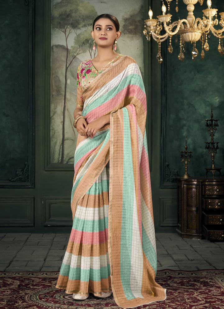 Lassya Fahion  Biege-Green Party Wear Saree with Golden Border and Colorful Stripes