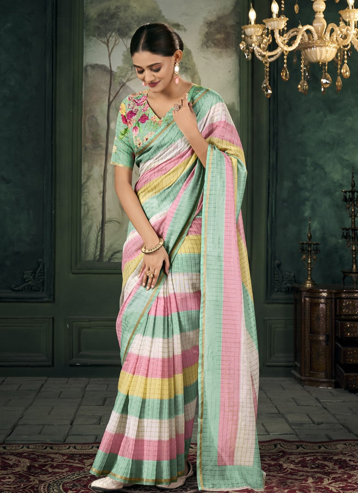 Lassya Fahion  Sea Green-Pink Party Wear Saree with Golden Border and Colorful Stripes