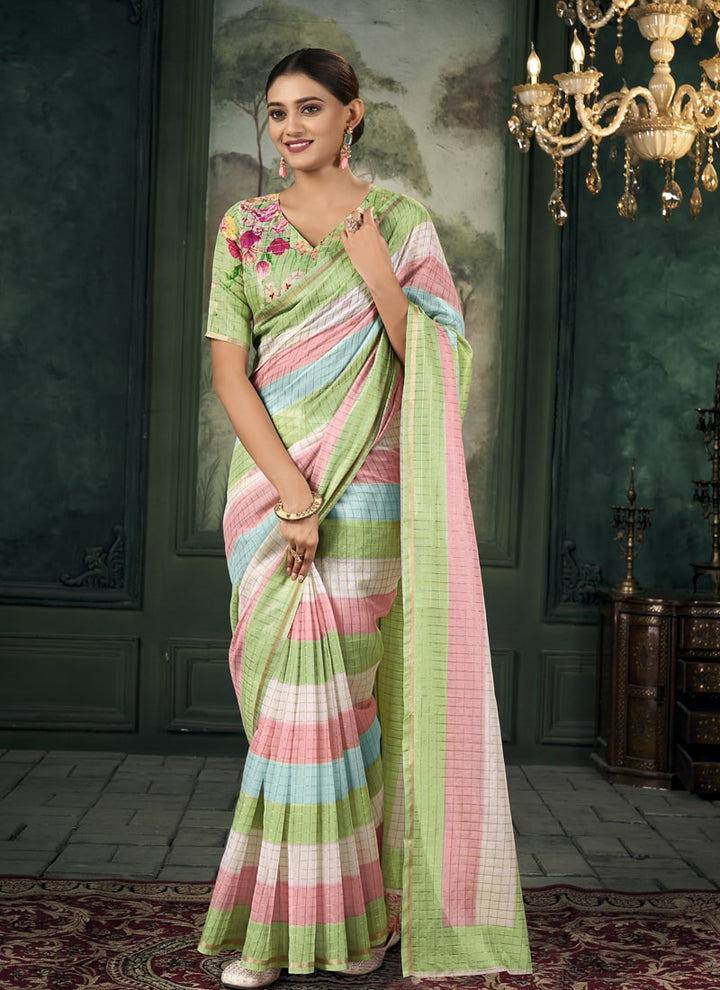 Lassya Fahion  Pista Green-Blue Party Wear Saree with Golden Border and Colorful Stripes