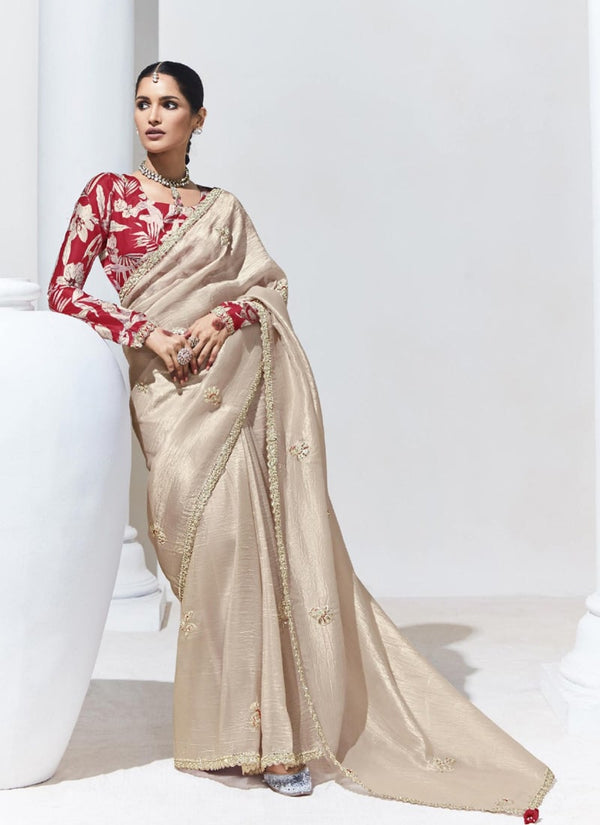 Lassya Fahion Beige Cream Trendy Festive Wear Saree with Sequins and Embroidery