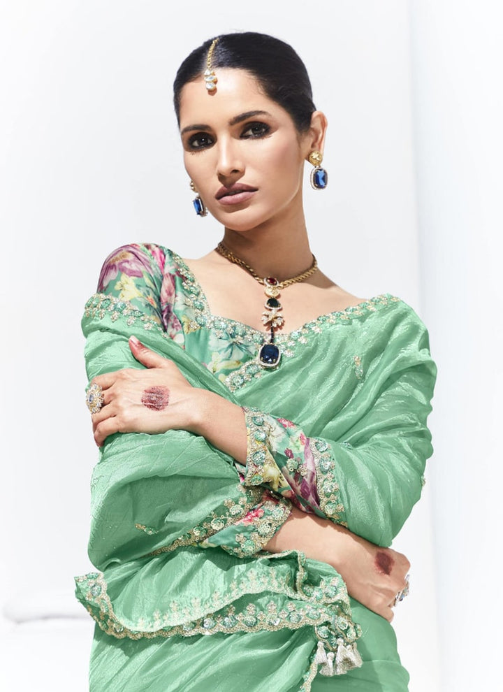 Lassya Fahion Sea green Trendy Festive Wear Saree with Sequins and Embroidery