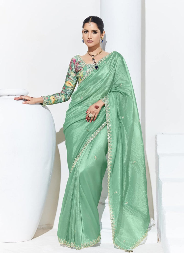 Lassya Fahion Sea green Trendy Festive Wear Saree with Sequins and Embroidery