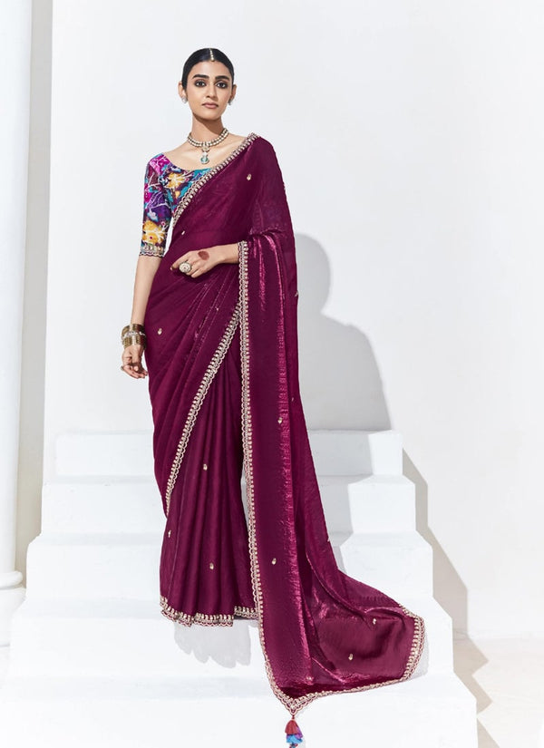 Lassya Fahion Purple Wine Trendy Festive Wear Saree with Sequins and Embroidery