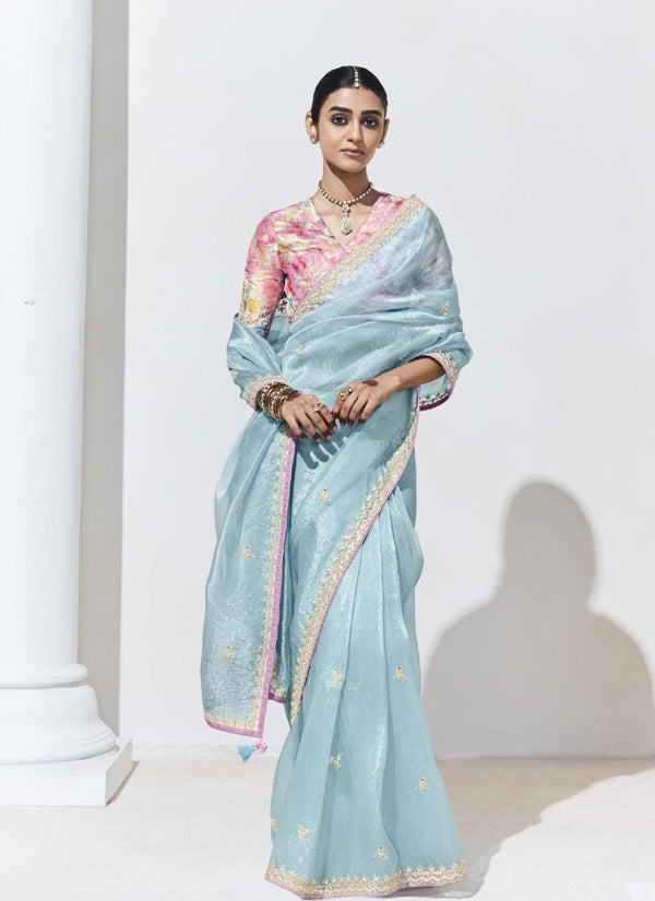 Lassya Fahion Sky Blue Trendy Festive Wear Saree with Sequins and Embroidery