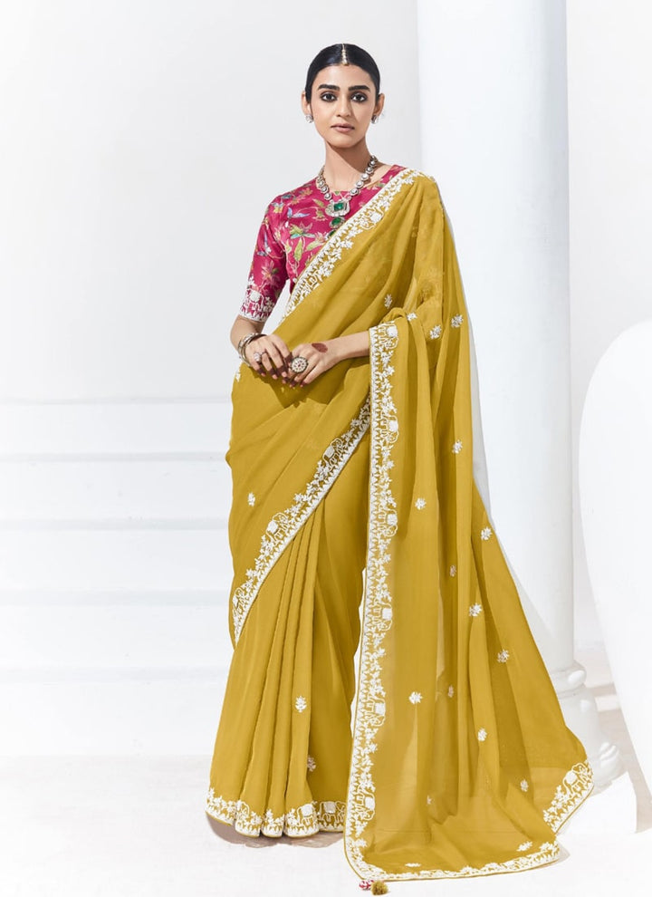 Lassya Fahion Mustard Yellow Trendy Festive Wear Saree with Sequins and Embroidery