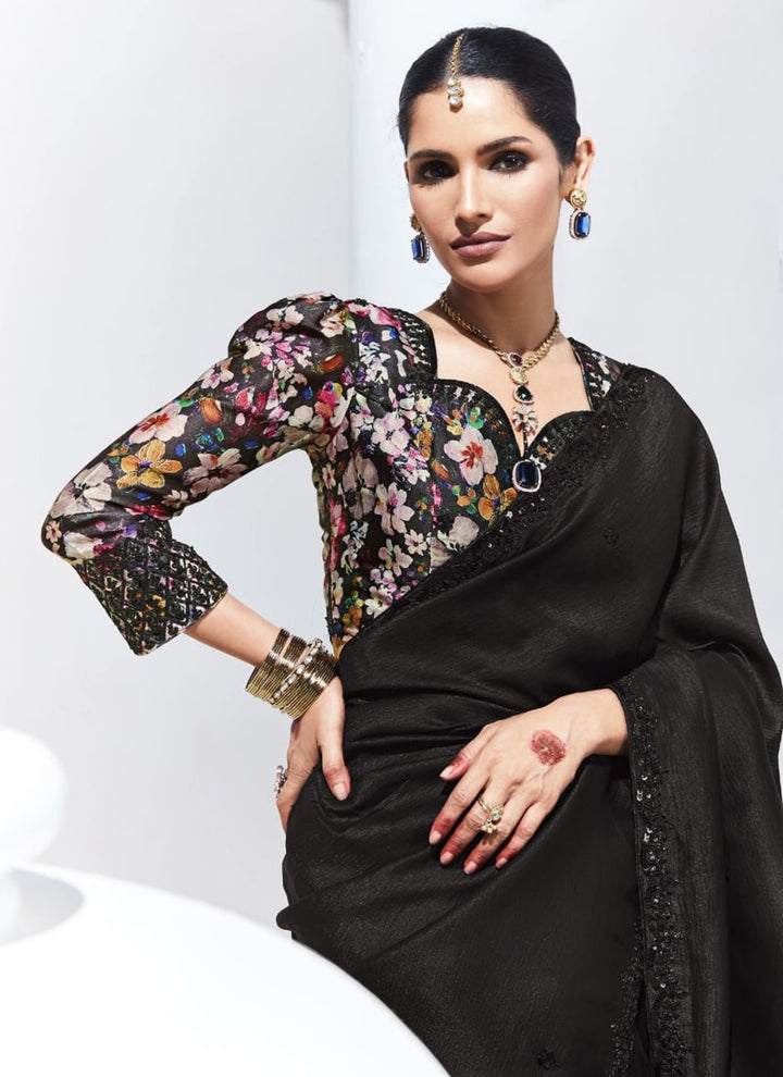 Lassya Fahion Midnight Black Trendy Festive Wear Saree with Sequins and Embroidery