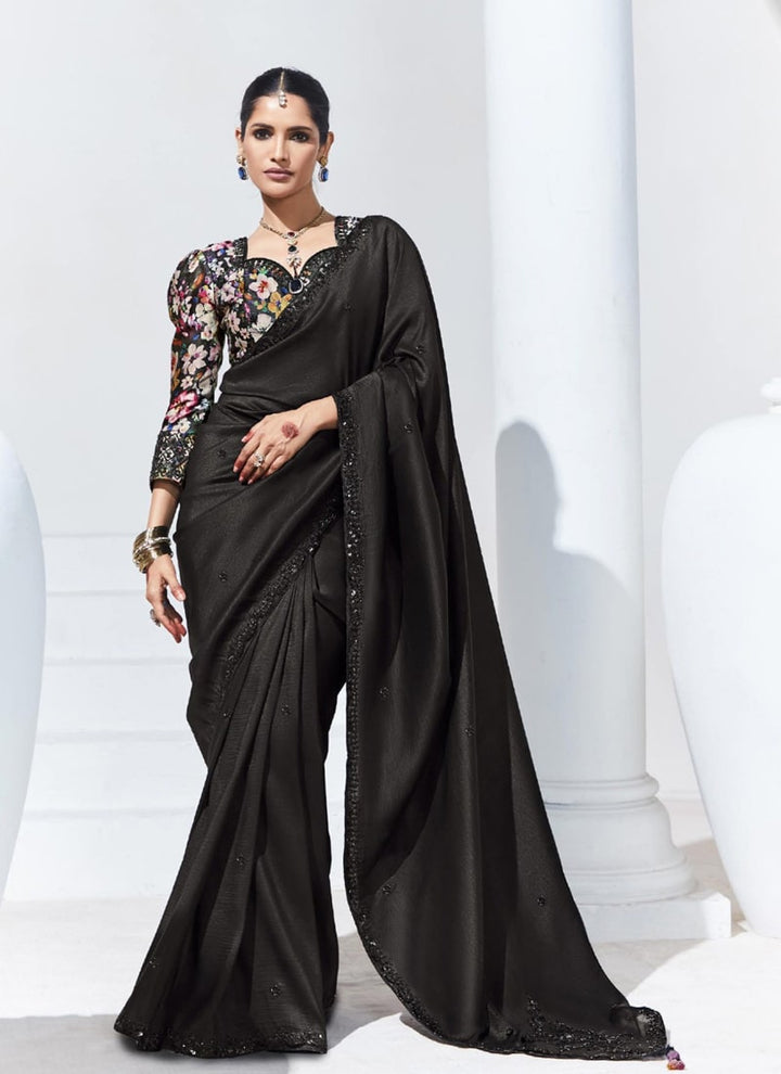 Lassya Fahion Midnight Black Trendy Festive Wear Saree with Sequins and Embroidery