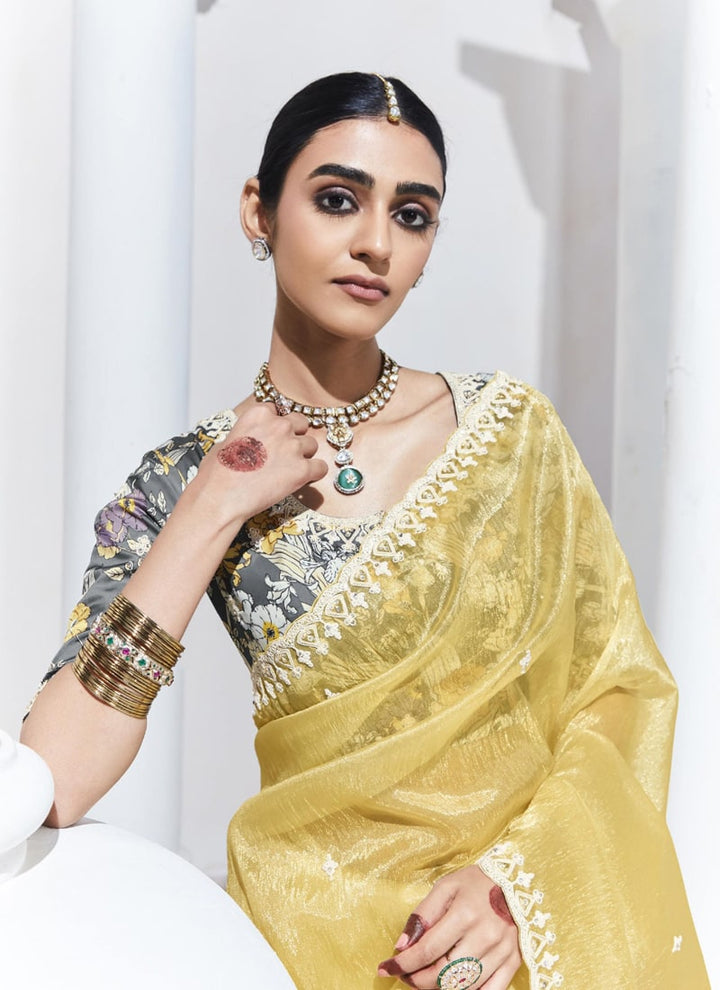 Lassya Fahion Light Yellow Trendy Festive Wear Saree with Sequins and Embroidery