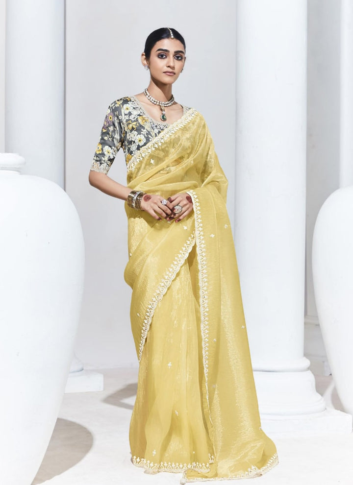 Lassya Fahion Light Yellow Trendy Festive Wear Saree with Sequins and Embroidery