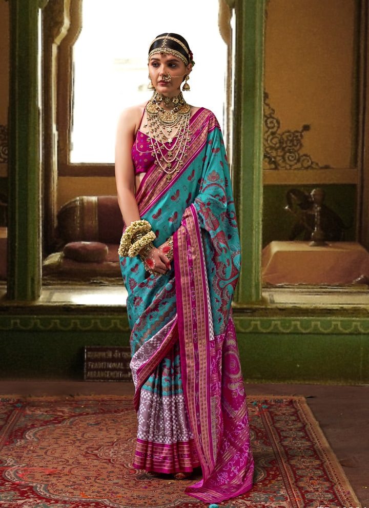 Lassya Fahion Bougainvillea Pink-Blue Classic Silk Saree with Aqua Finish