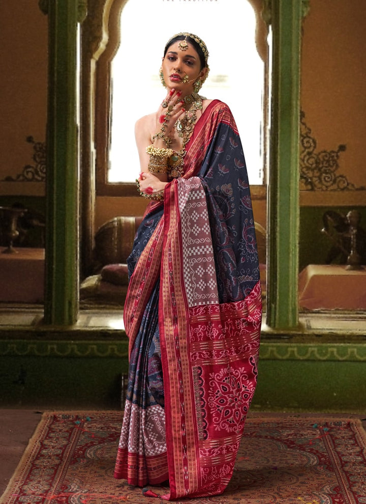 Lassya Fahion Blue-Red Classic Silk Saree with Aqua Finish