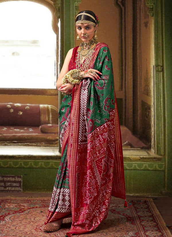 Lassya Fahion Green-Red Classic Silk Saree with Aqua Finish