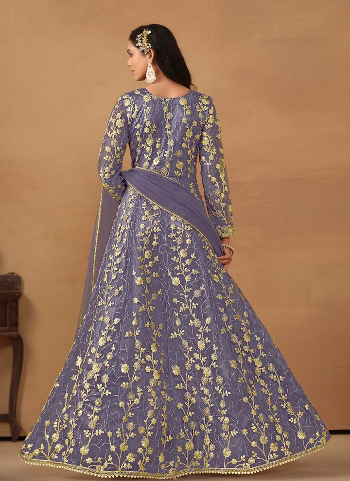 Lassya Fahion  Lavender Elegant Anarkali Dress with Net and Satin Details