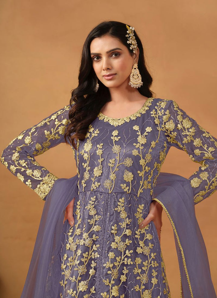 Lassya Fahion  Lavender Elegant Anarkali Dress with Net and Satin Details