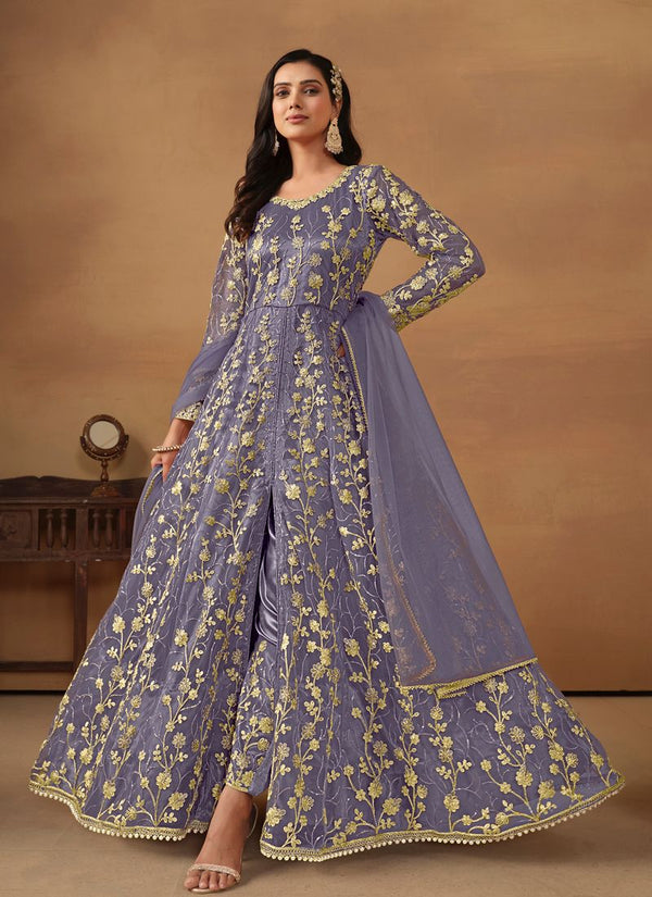 Lassya Fahion  Lavender Elegant Anarkali Dress with Net and Satin Details