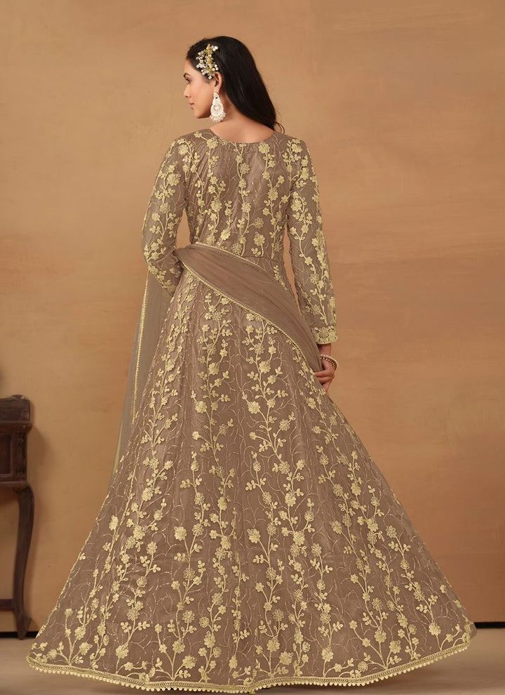 Lassya Fahion  Beige Elegant Anarkali Dress with Net and Satin Details