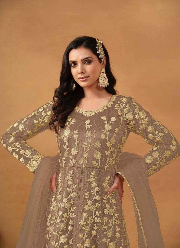 Lassya Fahion  Beige Elegant Anarkali Dress with Net and Satin Details