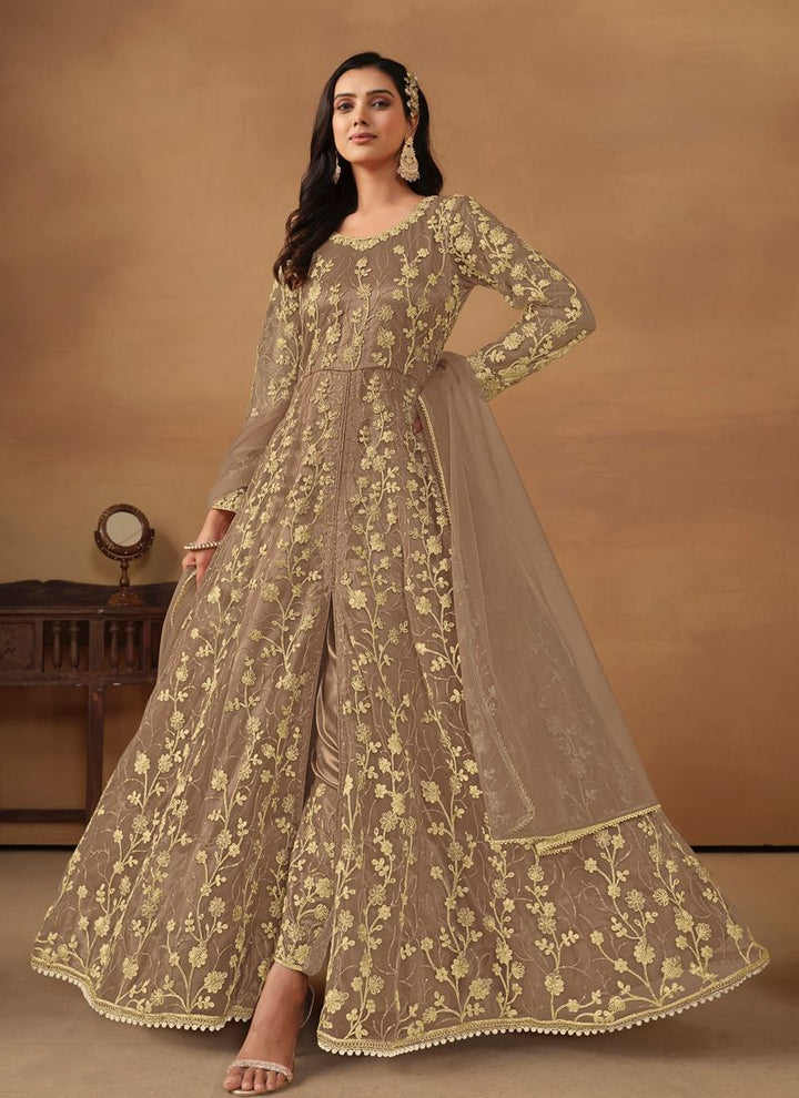 Lassya Fahion  Beige Elegant Anarkali Dress with Net and Satin Details