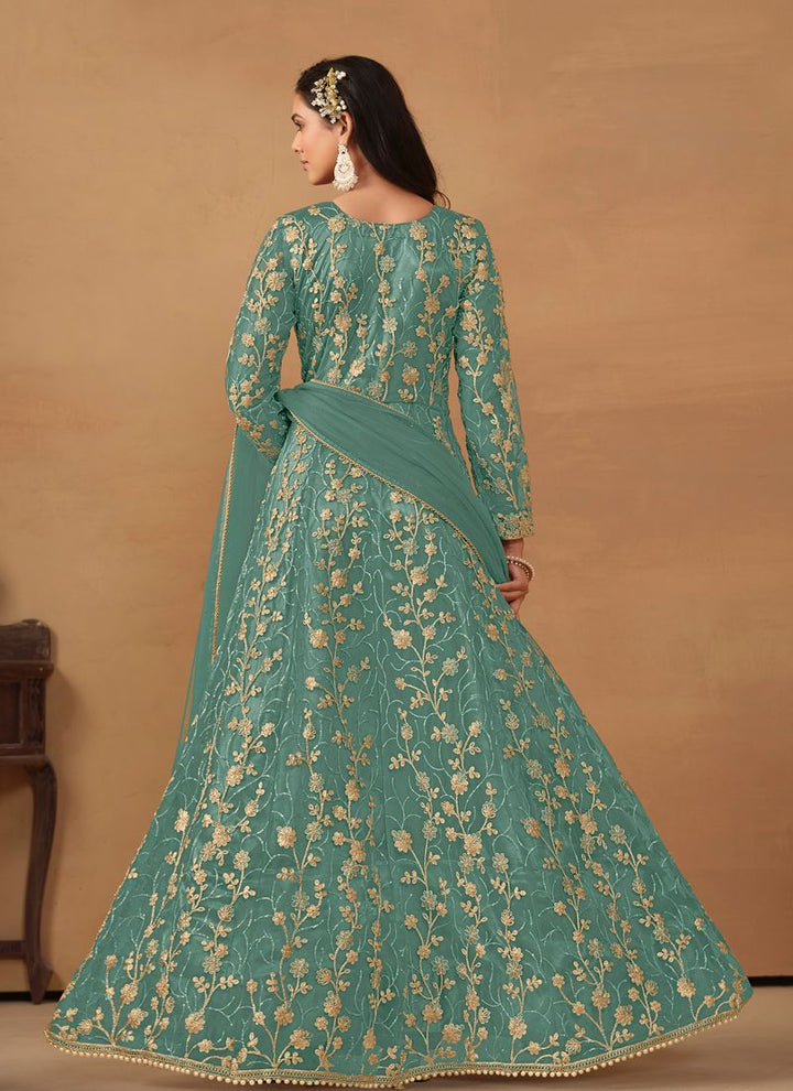 Lassya Fahion  Sage Green Elegant Anarkali Dress with Net and Satin Details