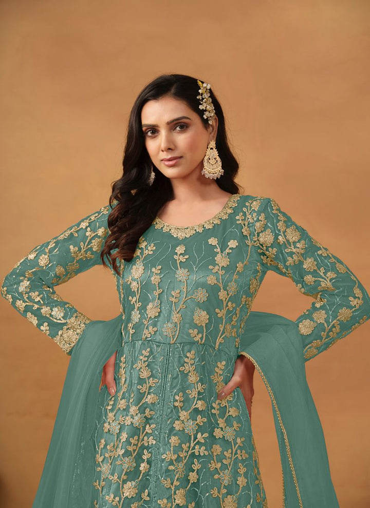 Lassya Fahion  Sage Green Elegant Anarkali Dress with Net and Satin Details