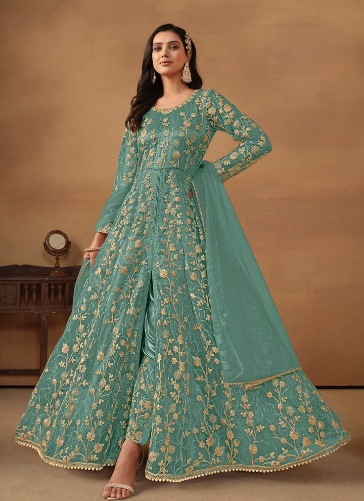 Lassya Fahion  Sage Green Elegant Anarkali Dress with Net and Satin Details