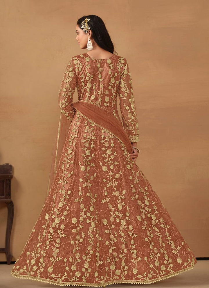 Lassya Fahion  Dusty Orange Elegant Anarkali Dress with Net and Satin Details