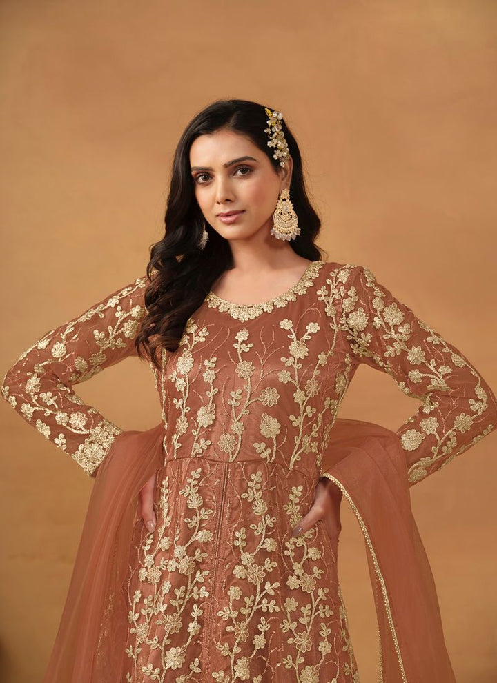 Lassya Fahion  Dusty Orange Elegant Anarkali Dress with Net and Satin Details