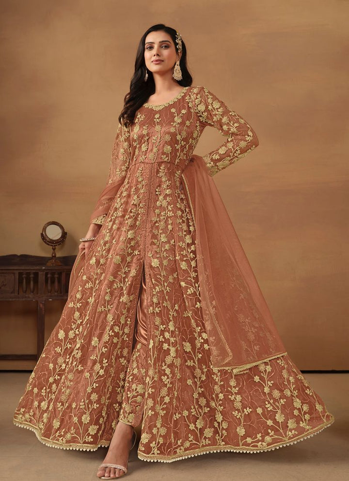 Lassya Fahion  Dusty Orange Elegant Anarkali Dress with Net and Satin Details